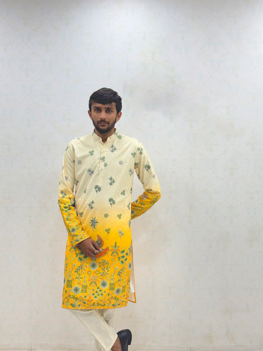 Men’s Cream & Mustard Yellow Floral Printed Kurta