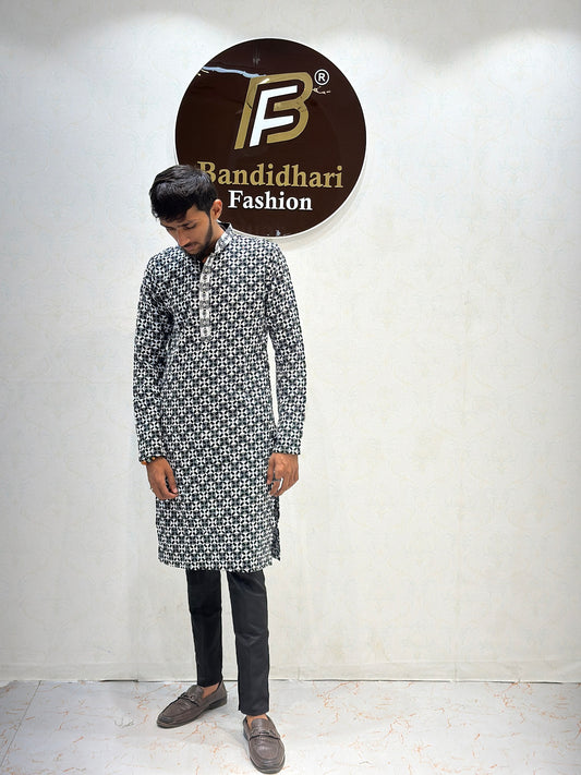 Men’s Black & White Geometric Print Cotton Kurta
