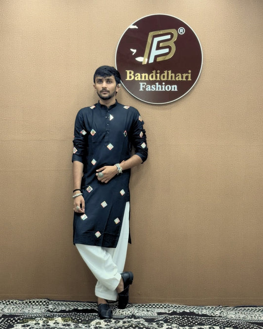 Men Black Mirror Work Embroidered Mandarin Collar Kurta