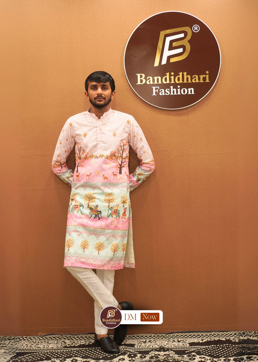 Men's Light Pink Daman Printed and Lakhnavi Work in Rayon Cotton Kurta