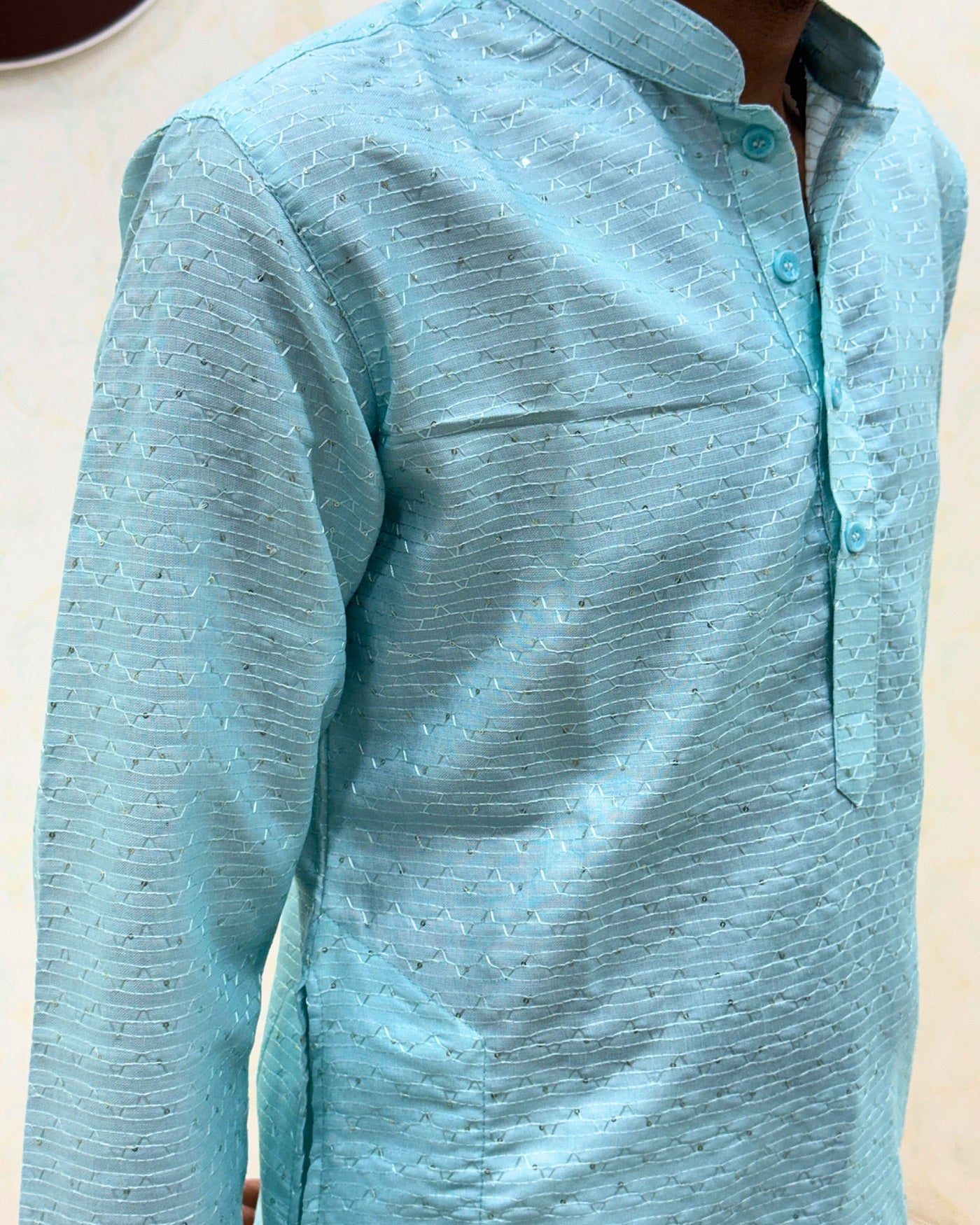 Bandidhari Fashion Present Sky Blue Cotton Kurta with Traditional Krishna Folk Art Border