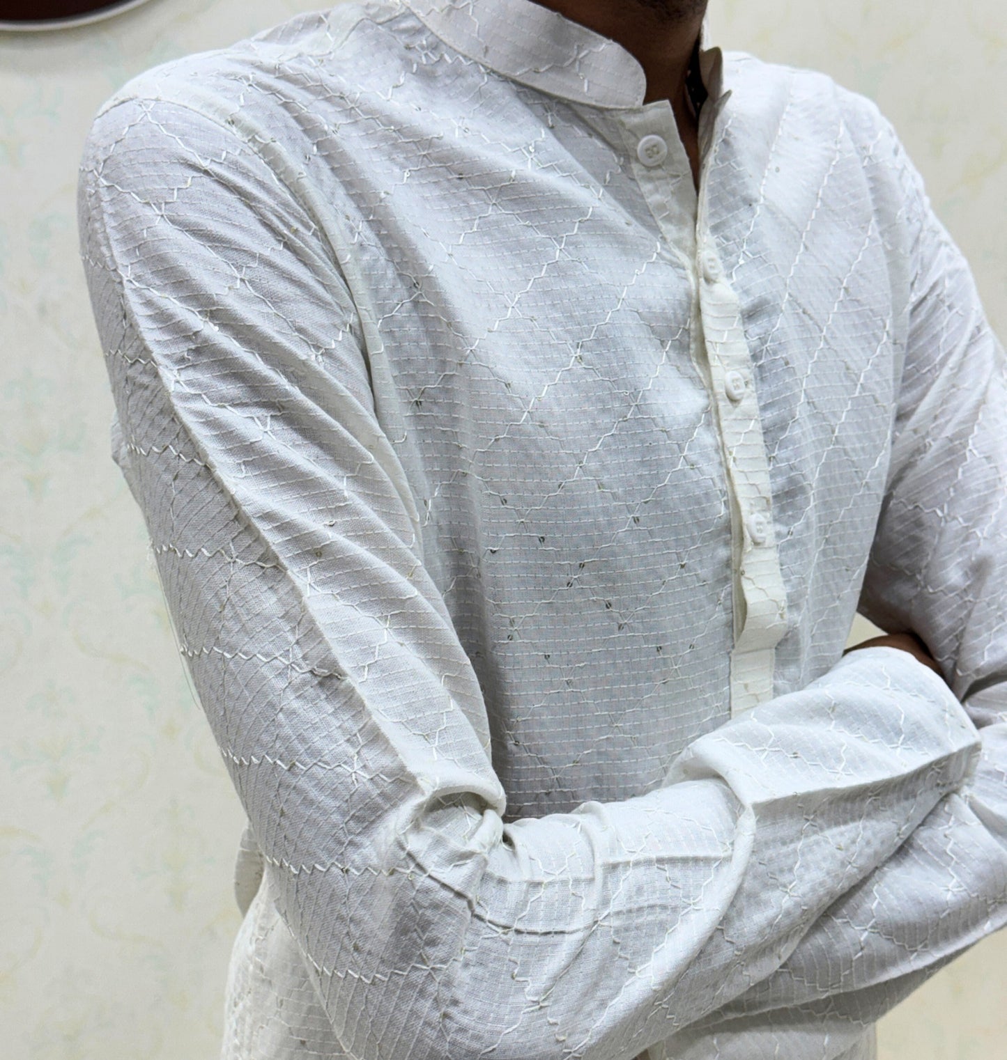 Bandidhari Fashion Present Sky Blue Cotton Kurta with Traditional Krishna Folk Art Border