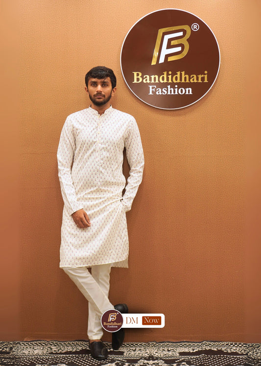 Men's Off-White Heavy Printed Poly Silk for luxurious comfort Kurta