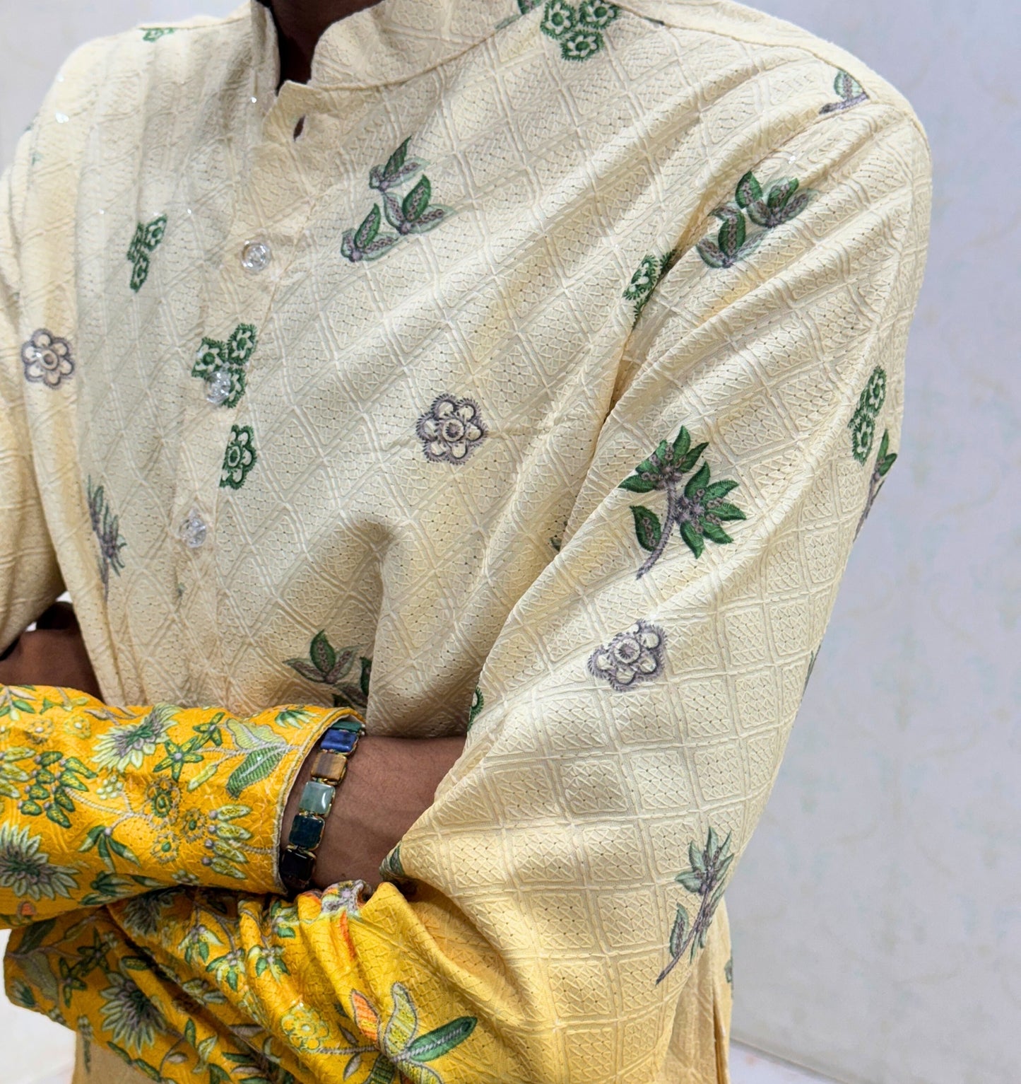 Men’s Cream & Mustard Yellow Floral Printed Kurta
