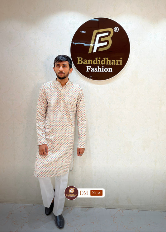 Men's Multicolor Printed and Lakhnavi Work Kurta in Rayon Cotton