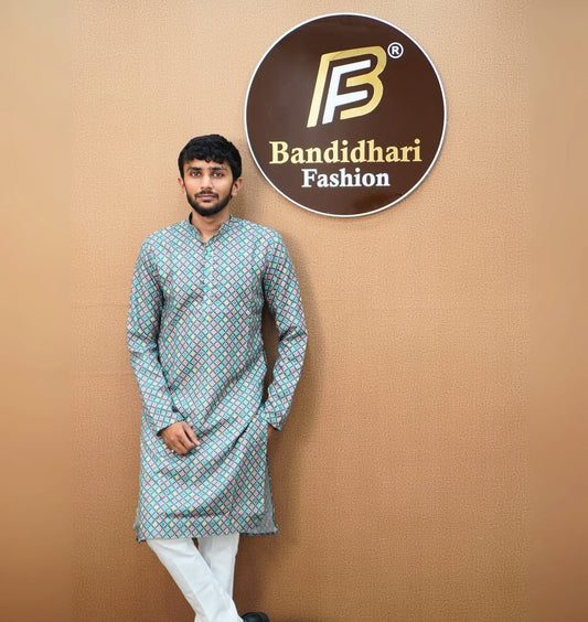Bandidhari Fashion Present Pastel GeoPrint Men's Ethnic Kurta