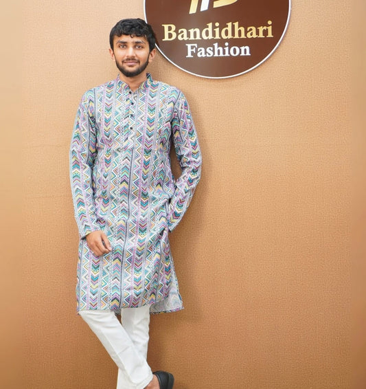 Men’s Multicolor Geometric Printed Cotton Kurta