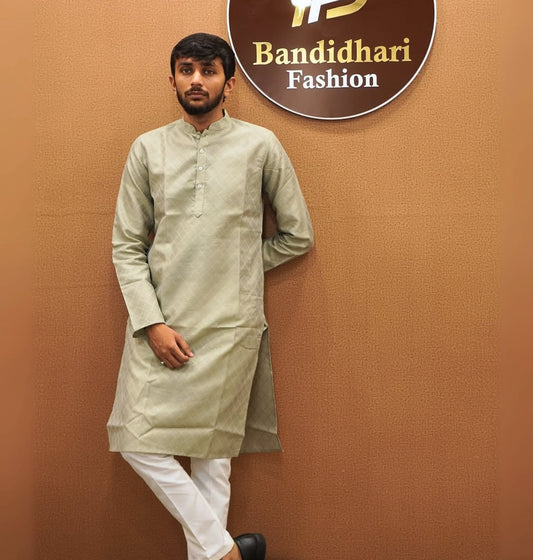 Bandidhari Fashion Men’s Sage Grey Textured Cotton Kurta