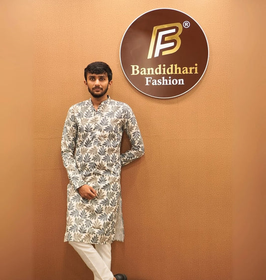 Bandidhari Fashion Present Premium Leaf-Print Men's Ethnic Kurta