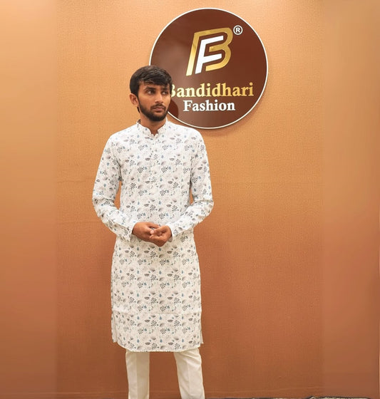 Bandidhari Fashion Present Premium White Floral-Print Men's Ethnic Kurta