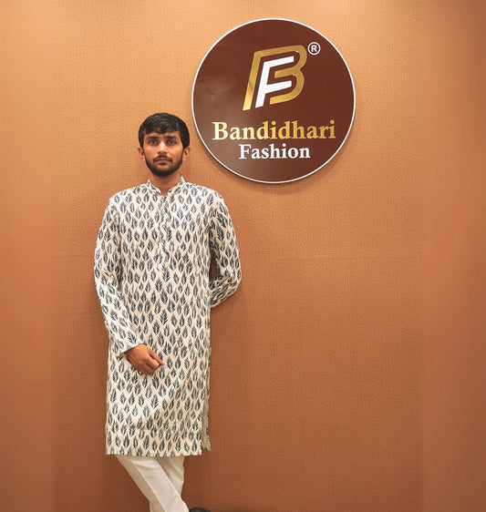 Bandidhari Fashion Present Men’s White Leaf Print Kurta Pajama Set