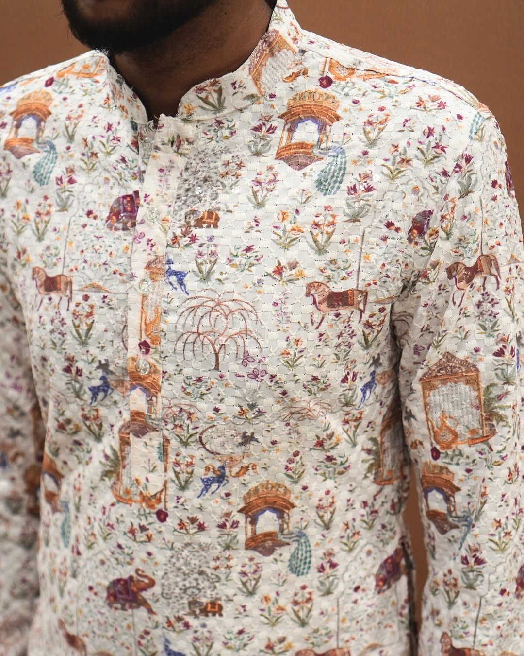 Bandidhari Fashion Men Off-White Royal Heritage Print Cotton Kurta