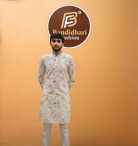 Bandidhari Fashion Men Off-White Royal Heritage Print Cotton Kurta