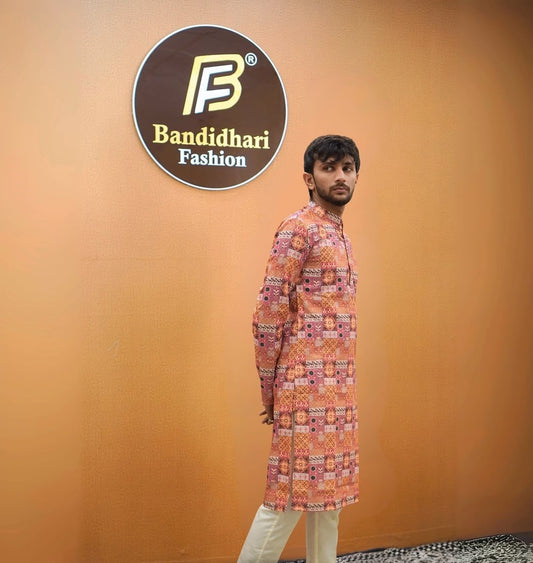 Bandidhari Fashion Men Peach & Rust Heritage  Printed Kurta
