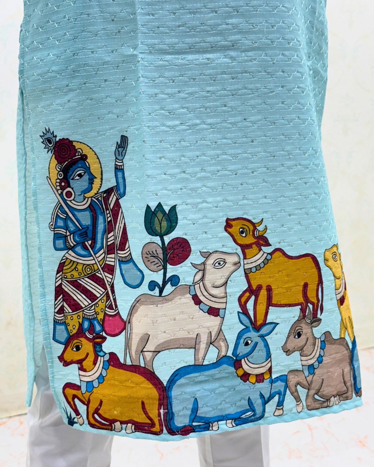 Bandidhari Fashion Present Sky Blue Cotton Kurta with Traditional Krishna Folk Art Border