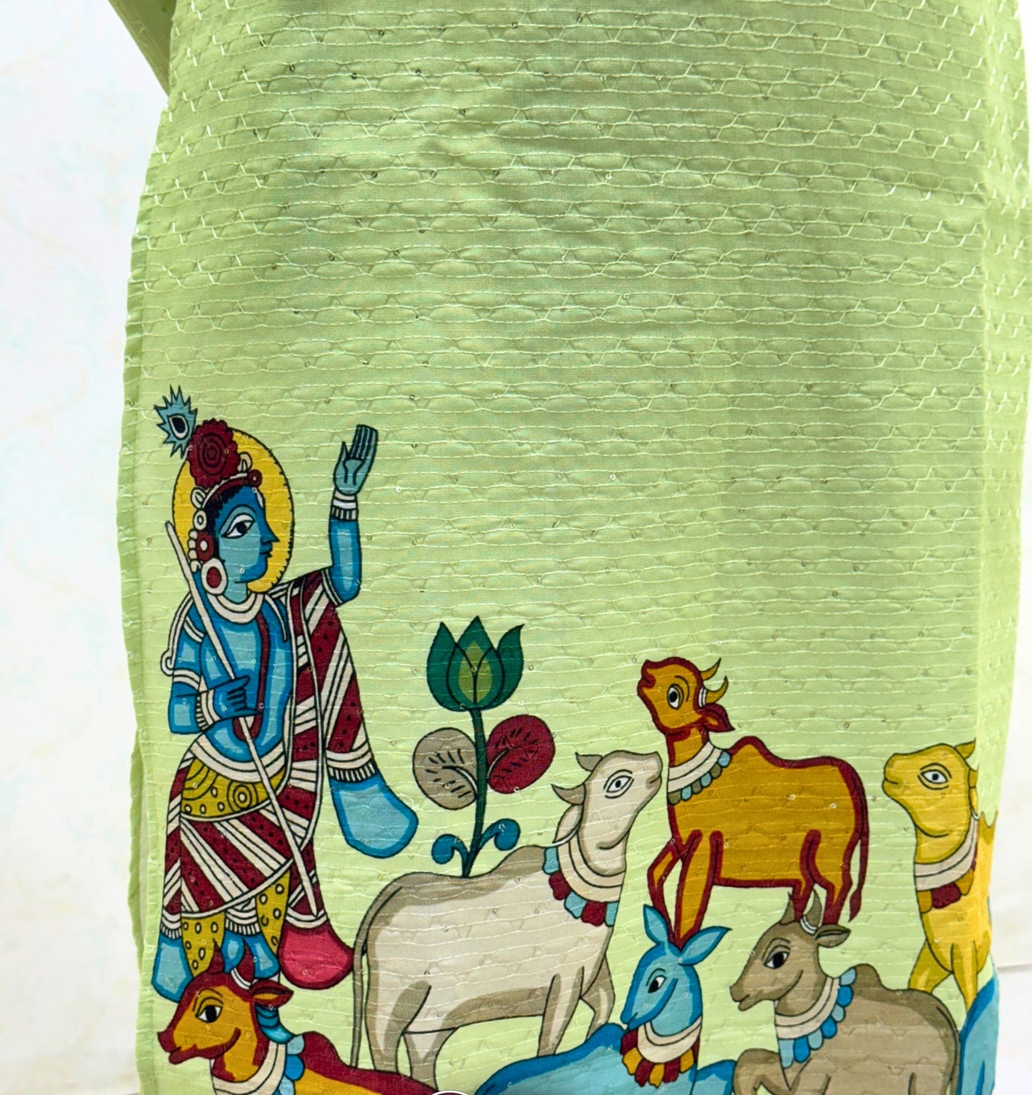 Bandidhari Fashion Present Sky Blue Cotton Kurta with Traditional Krishna Folk Art Border