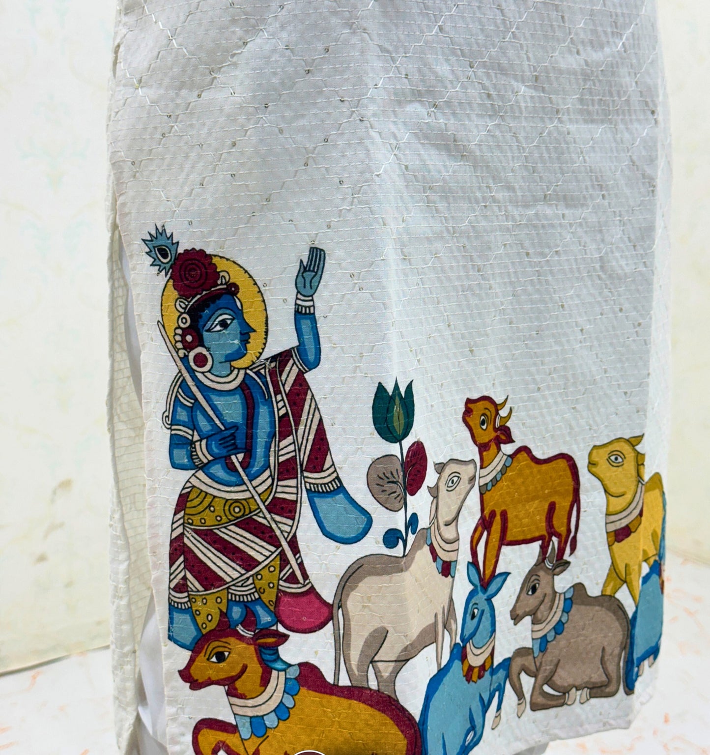 Bandidhari Fashion Present Sky Blue Cotton Kurta with Traditional Krishna Folk Art Border