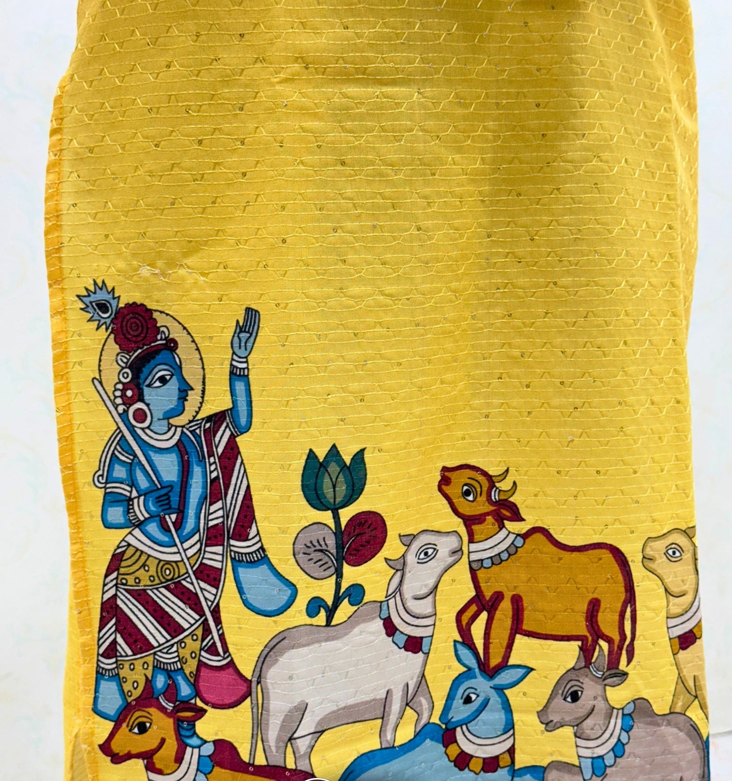 Bandidhari Fashion Present Sky Blue Cotton Kurta with Traditional Krishna Folk Art Border