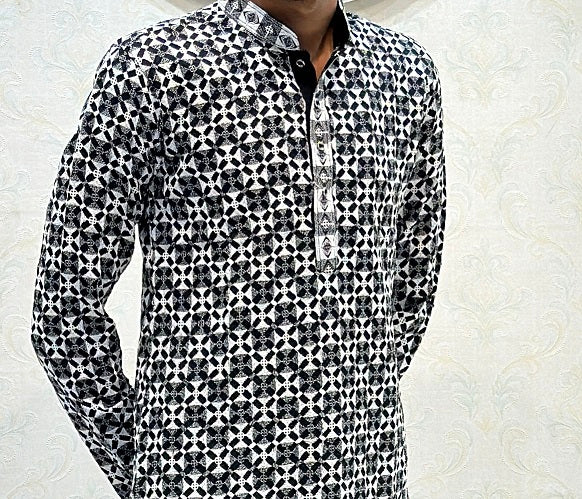 Men’s Black & White Geometric Print Cotton Kurta
