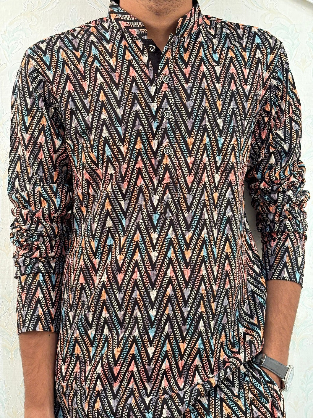 Bandidhari Fashion Present Men’s Black & Rust Chevron Print Cotton Kurta