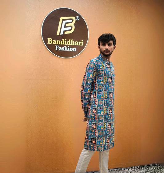 Bandidhari Fashion Men Royal Blue Patchwork Printed Kurta
