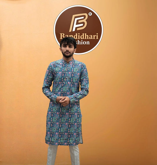 Bandidhari Fashion Men Blue Printed Ethnic Straight Kurta