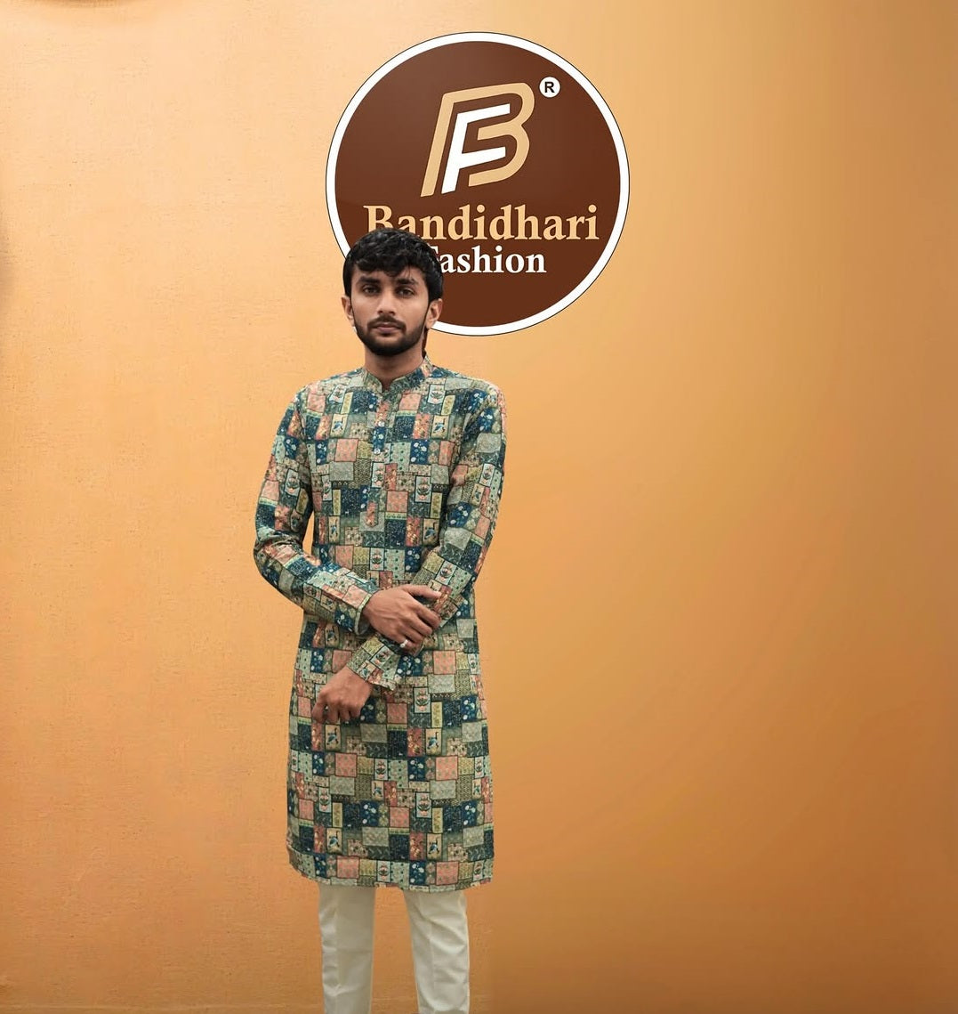 Men’s Multicolor Floral & Bird Print Mandarin Neck Kurta