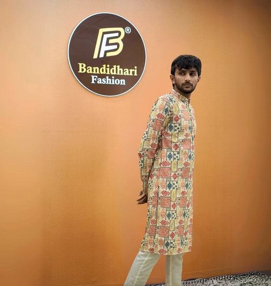 Bandidhari Fashion Men Cream Multicolour Patchwork Printed Kurta