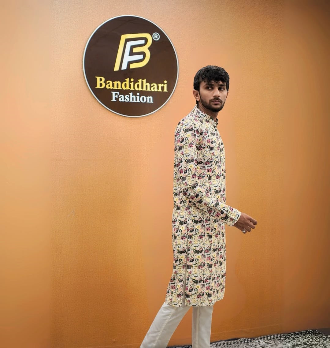 Bandidhari Fashion Men Off-White Folk Print Cotton Kurta