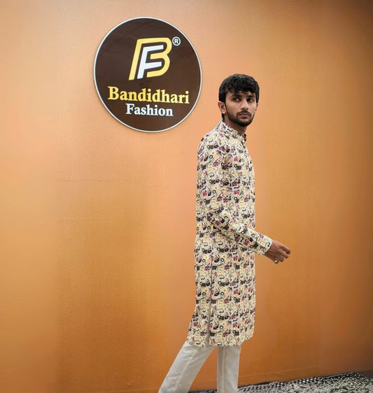 Bandidhari Fashion Men Off-White Folk Print Cotton Kurta