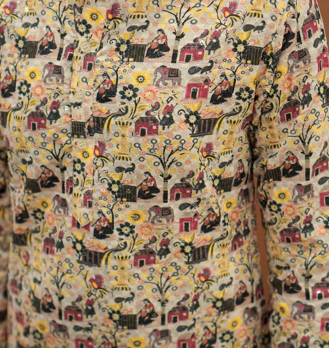 Bandidhari Fashion Men Off-White Folk Print Cotton Kurta