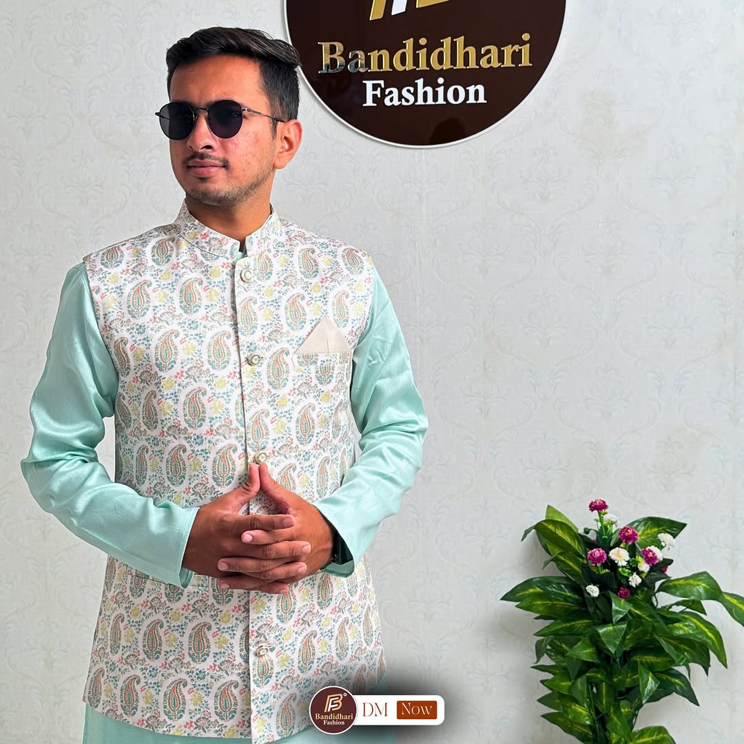 Men White And Sky Color Party Wear Printed Cotton Blend Straight Koti Kurta set