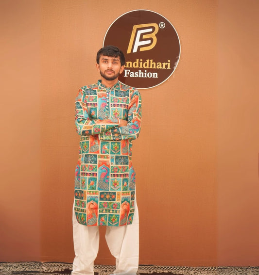 Men Multicolor Patchwork Print Mandarin Collar Straight Kurta