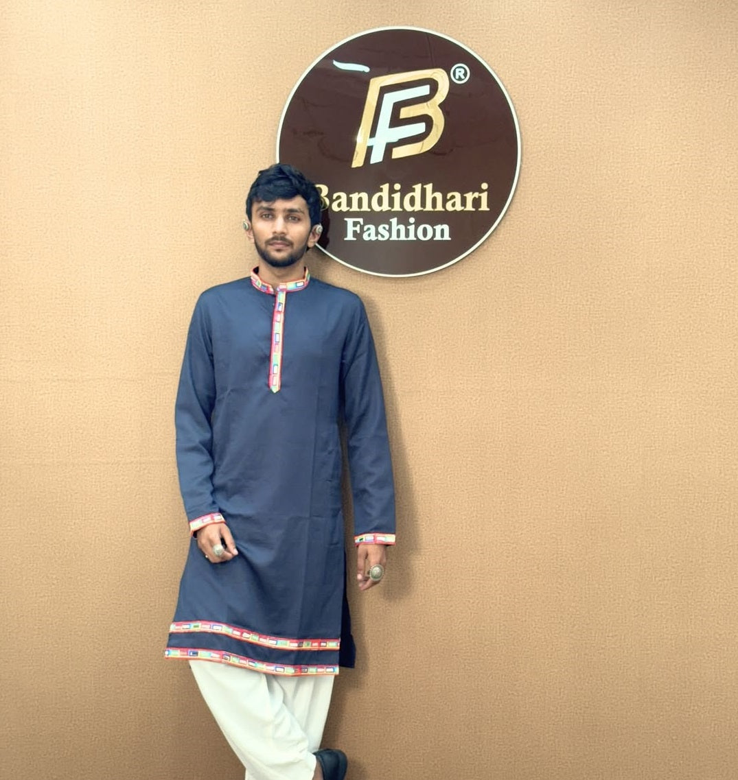 Men Solid Kurta with Multicolor Embroidered Placket & Cuffs