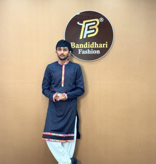 Men Solid Kurta with Multicolor Embroidered Placket & Cuffs