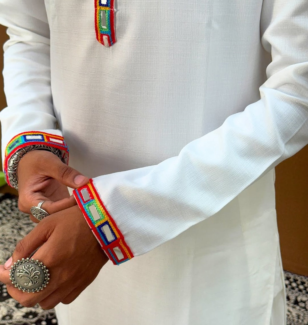 Men Solid Kurta with Multicolor Embroidered Placket & Cuffs