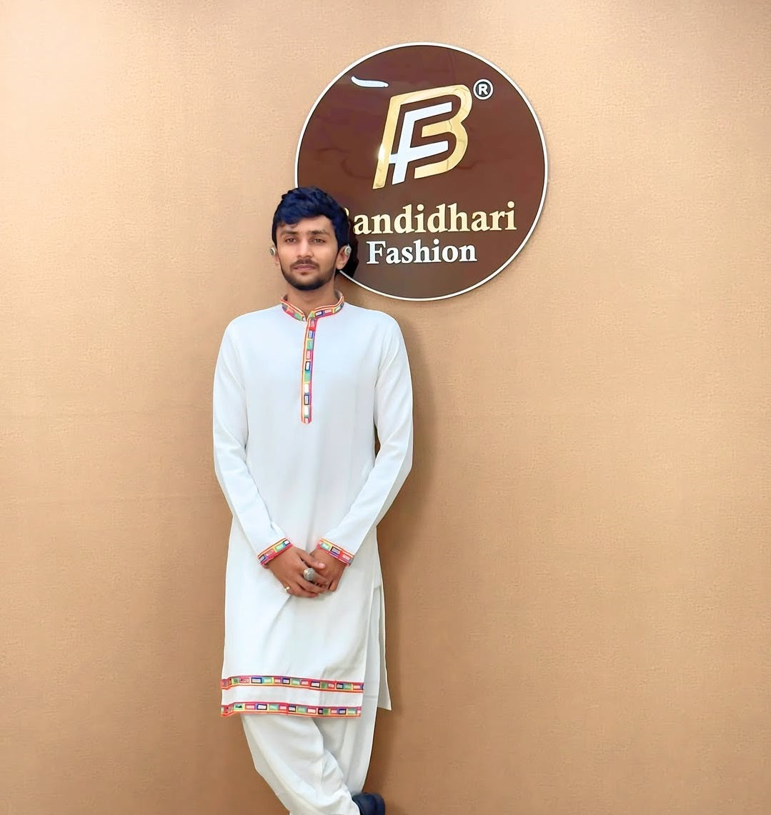 Men Solid Kurta with Multicolor Embroidered Placket & Cuffs