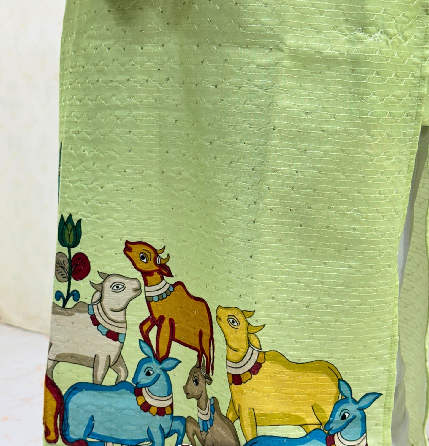 Bandidhari Fashion Present Sky Blue Cotton Kurta with Traditional Krishna Folk Art Border