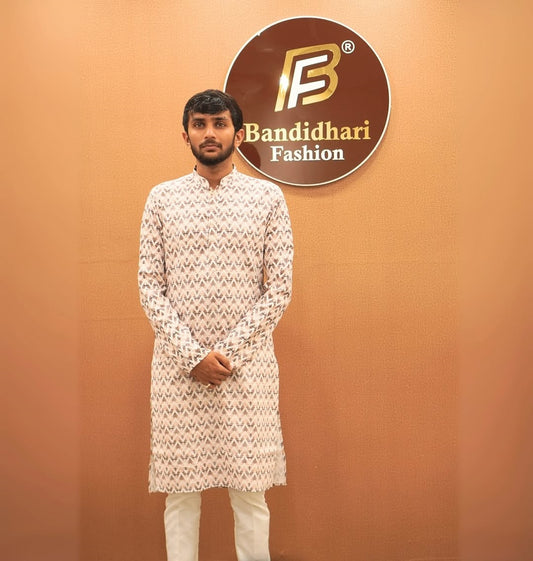 Bandidhari Fashion Present Men’s White Geometric Print Kurta