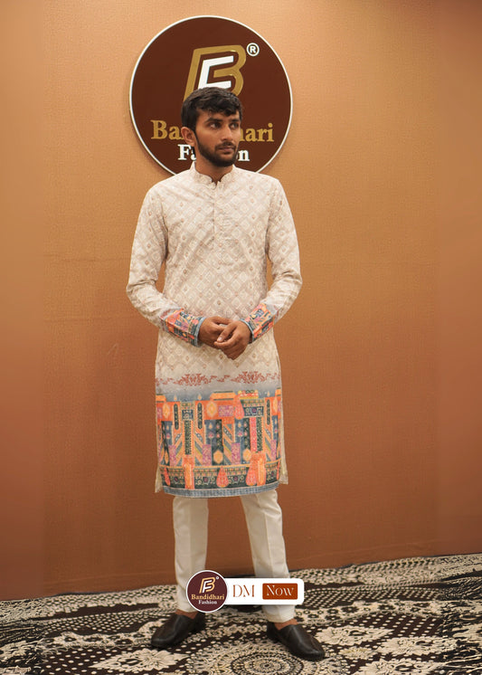 Men's Cream Daman Printed and Lakhnavi Work in Rayon Cotton Kurta