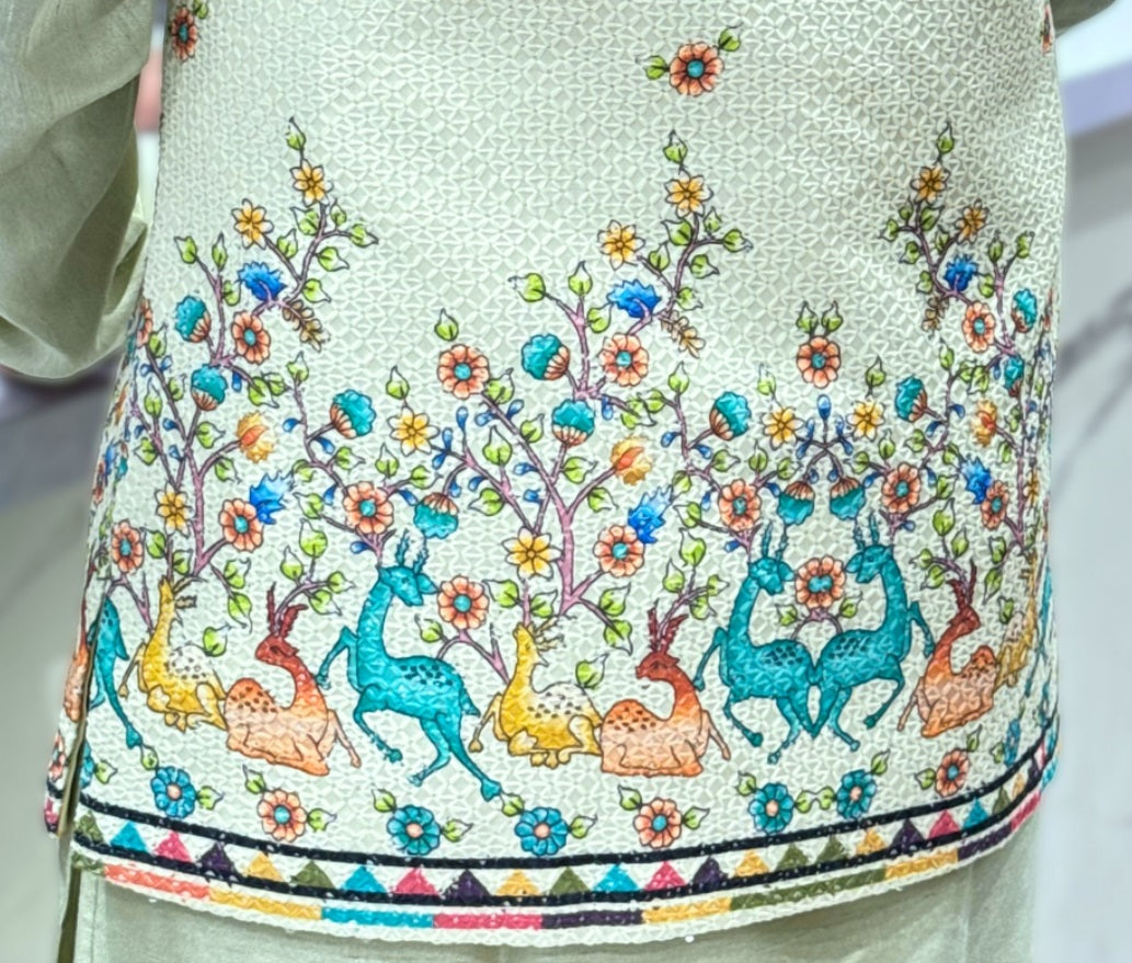 Men Pista color Party Wear Printed and Embroidered Work Cotton Blend Straight Koti Kurta set