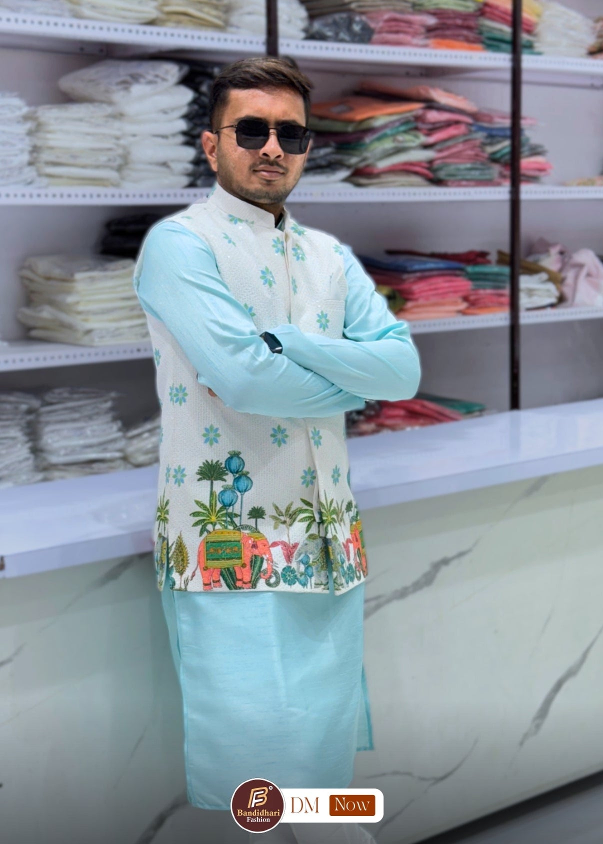 Men White and Sky color Party Wear Printed and Embroidered Work Cotton Blend Straight Koti Kurta set