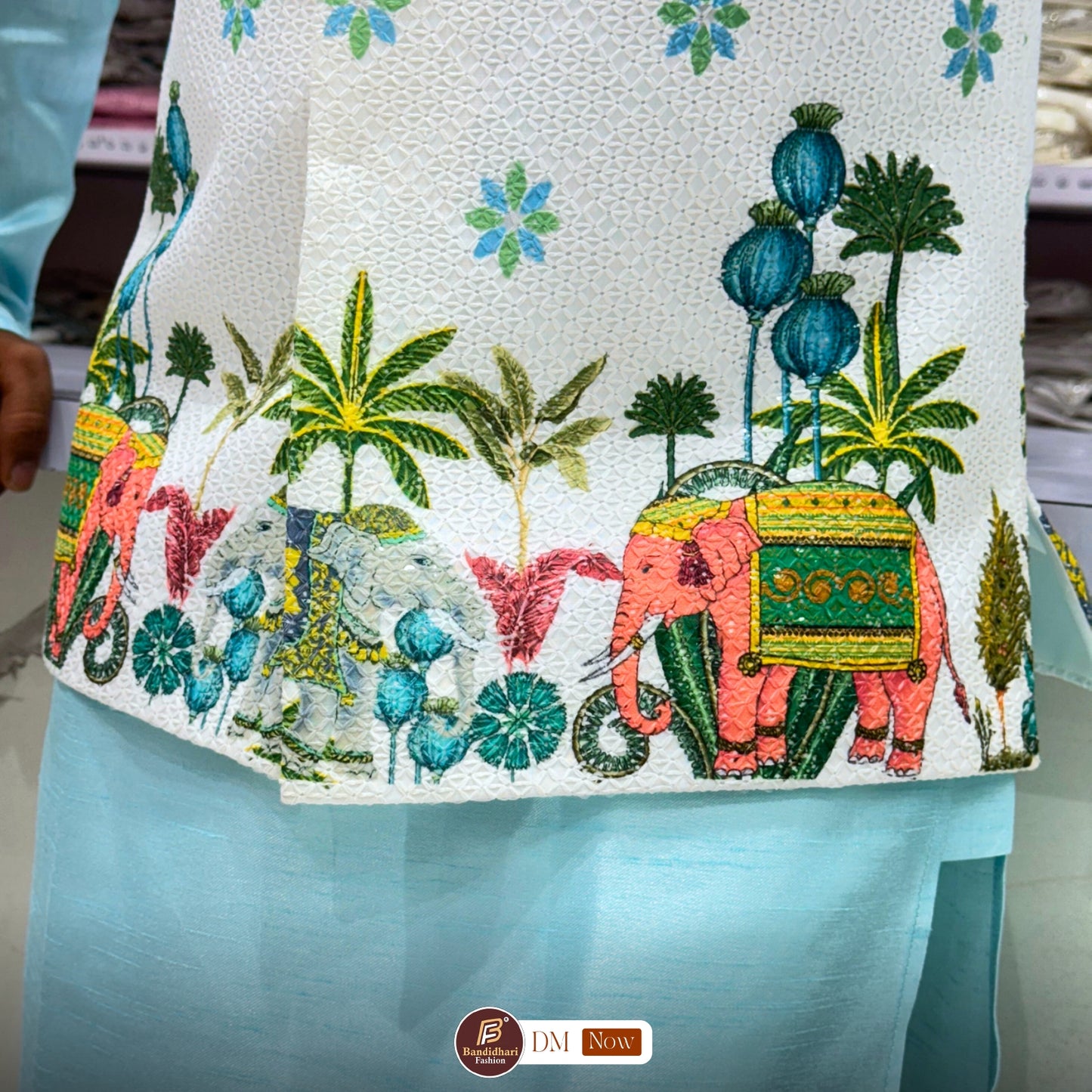 Men White and Sky color Party Wear Printed and Embroidered Work Cotton Blend Straight Koti Kurta set