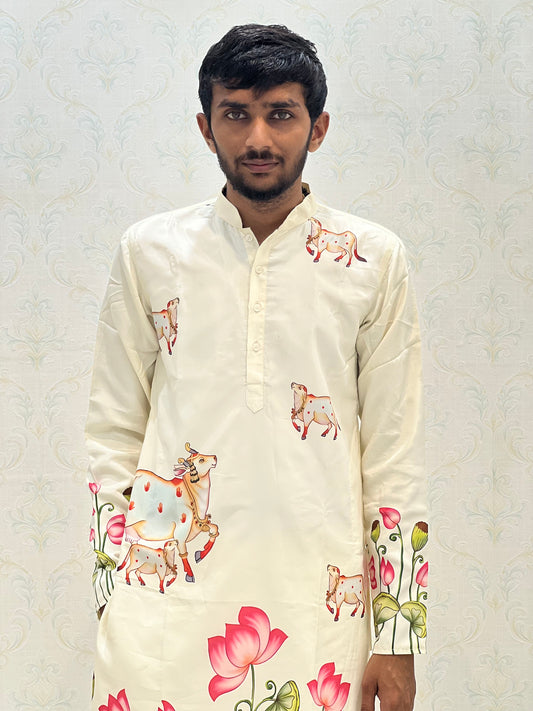 Men's White Heavy Printed Silk for luxurious comfort Kurta