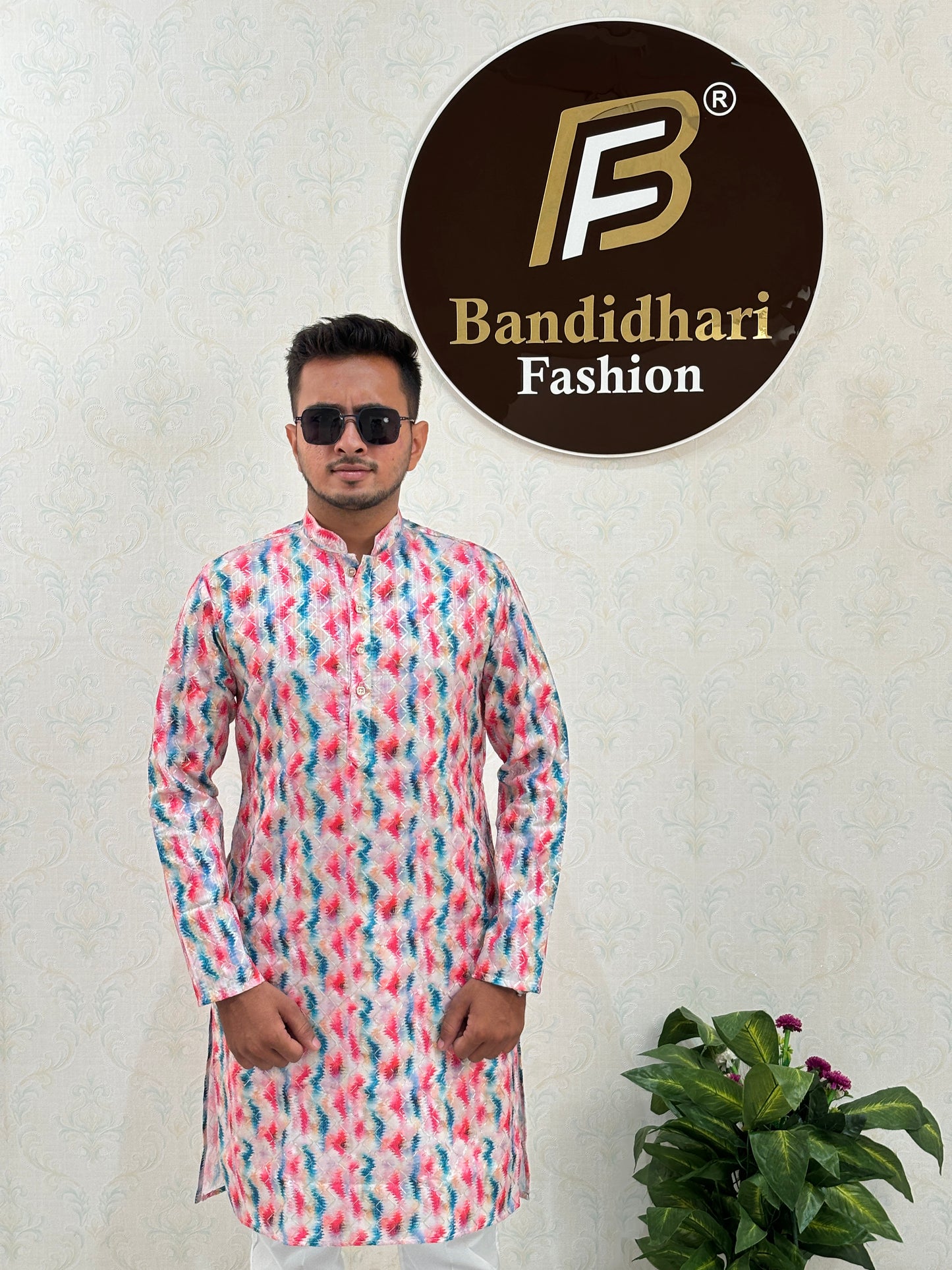 Men's Light And Dark Color Printed And Cross Work Embroidered Kurta