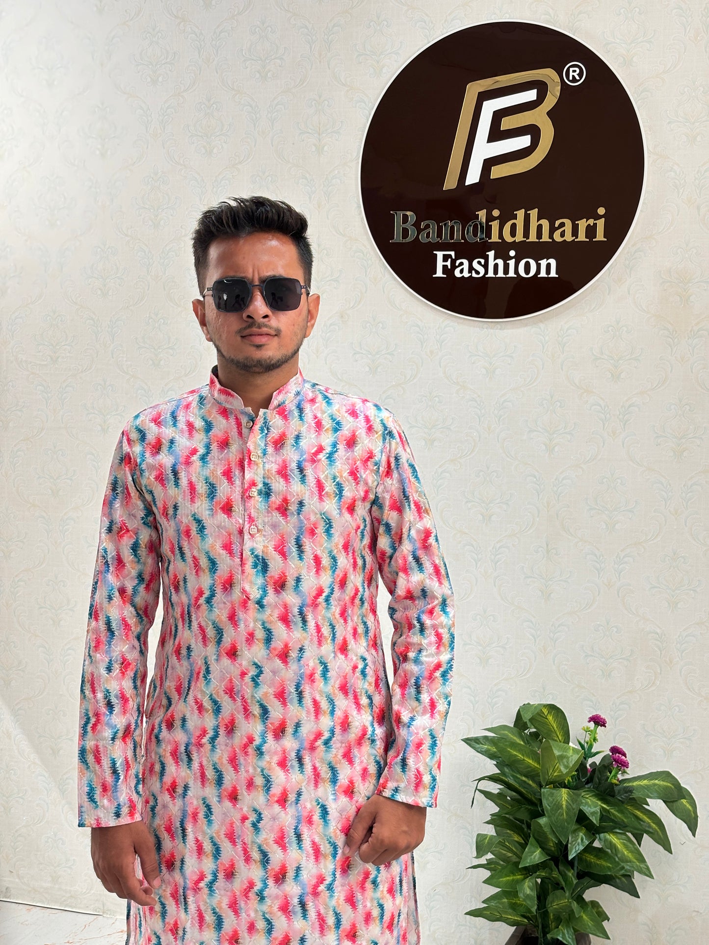 Men's Light And Dark Color Printed And Cross Work Embroidered Kurta