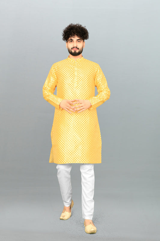 Men's Yellow Jacquard Kurta - Effortless Style & Comfort