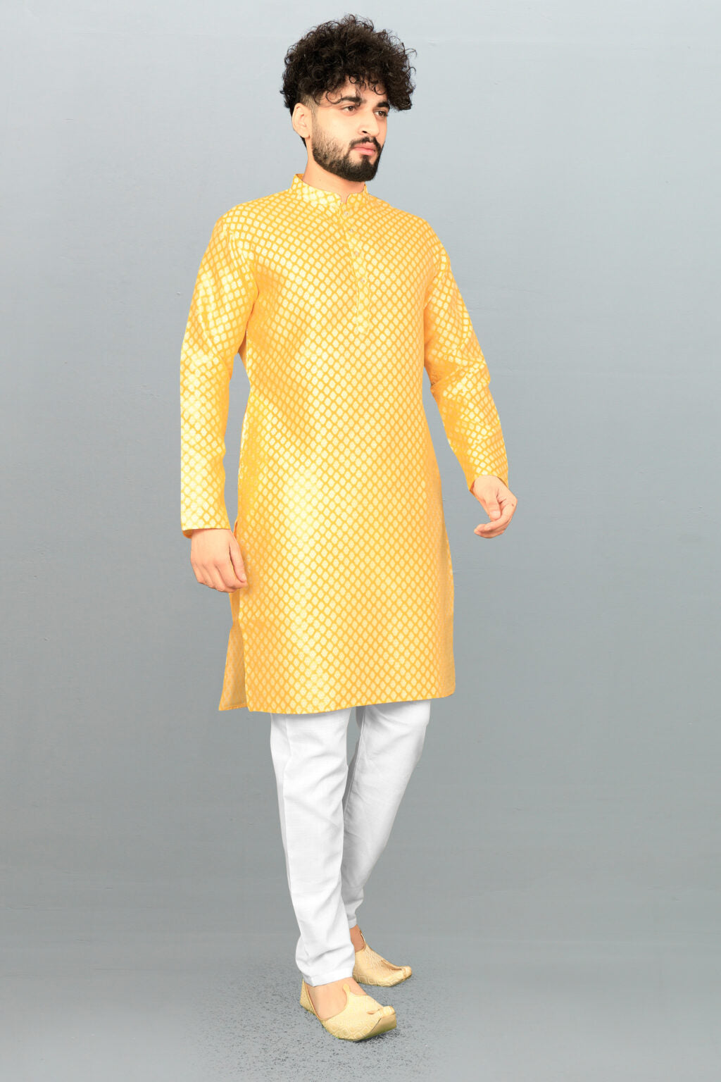 Men's Yellow Jacquard Kurta - Effortless Style & Comfort