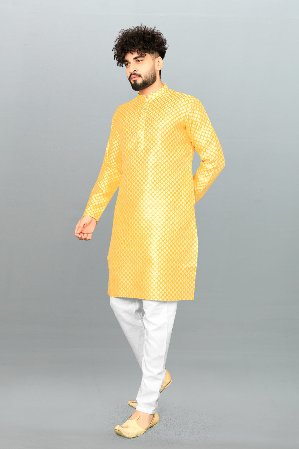 Men's Yellow Jacquard Kurta - Effortless Style & Comfort