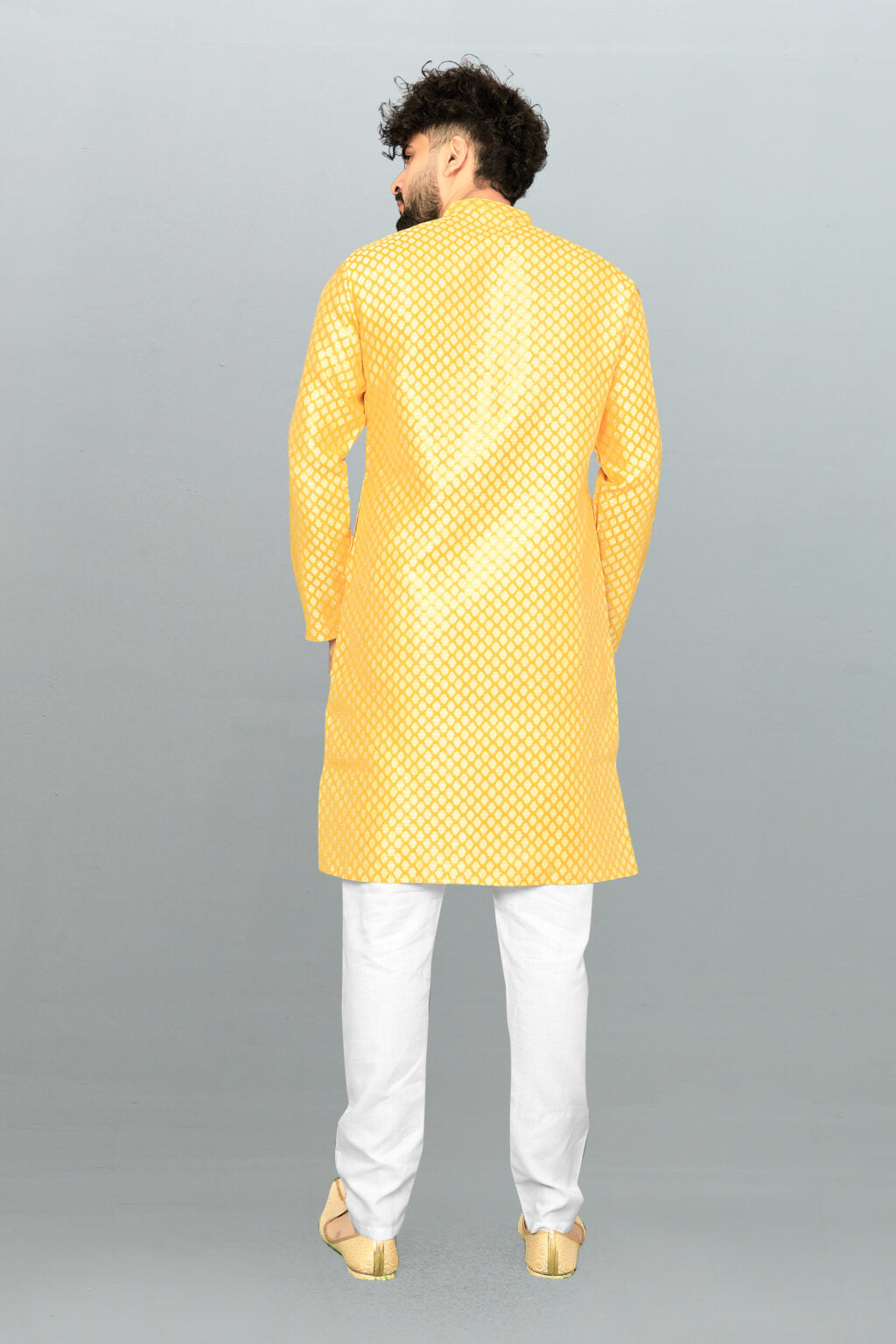 Men's Yellow Jacquard Kurta - Effortless Style & Comfort